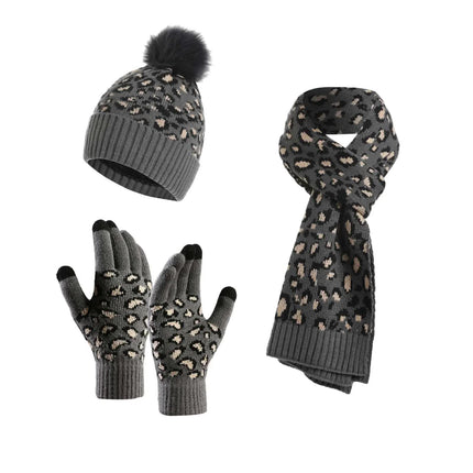 Dark Grey Women's 3-Piece Winter Knit Set - Leopard Print Plush Lined Beanie Hat, Scarf & Touchscreen Gloves.