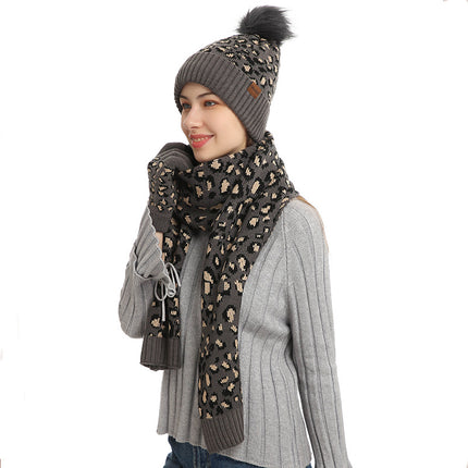 Dark Grey Women's 3-Piece Winter Knit Set - Leopard Print Plush Lined Beanie Hat, Scarf & Touchscreen Gloves.