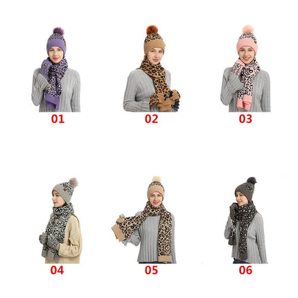 Dark Grey Women's 3-Piece Winter Knit Set - Leopard Print Plush Lined Beanie Hat, Scarf & Touchscreen Gloves.