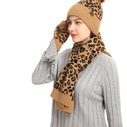 Dark Grey Women's 3-Piece Winter Knit Set - Leopard Print Plush Lined Beanie Hat, Scarf & Touchscreen Gloves.