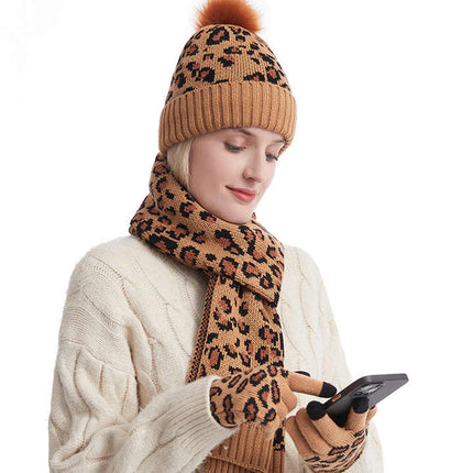 Dark Grey Women's 3-Piece Winter Knit Set - Leopard Print Plush Lined Beanie Hat, Scarf & Touchscreen Gloves.