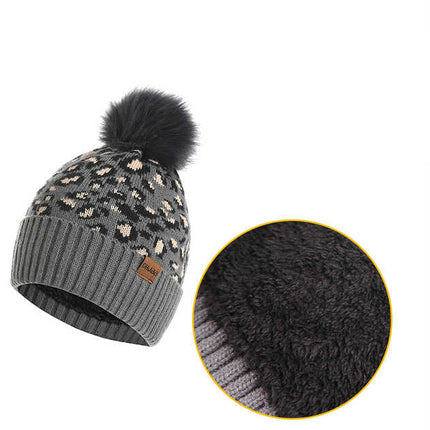Dark Grey Women's 3-Piece Winter Knit Set - Leopard Print Plush Lined Beanie Hat, Scarf & Touchscreen Gloves.