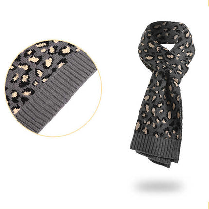 Dark Grey Women's 3-Piece Winter Knit Set - Leopard Print Plush Lined Beanie Hat, Scarf & Touchscreen Gloves.