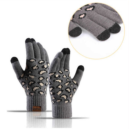 Dark Grey Women's 3-Piece Winter Knit Set - Leopard Print Plush Lined Beanie Hat, Scarf & Touchscreen Gloves.