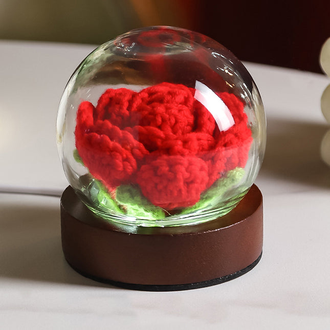 Red Rose Handcrafted Crochet Flower LED Night Light - USB Rechargeable Glass Dome Lamp with Wood Base, 3 Color Modes.