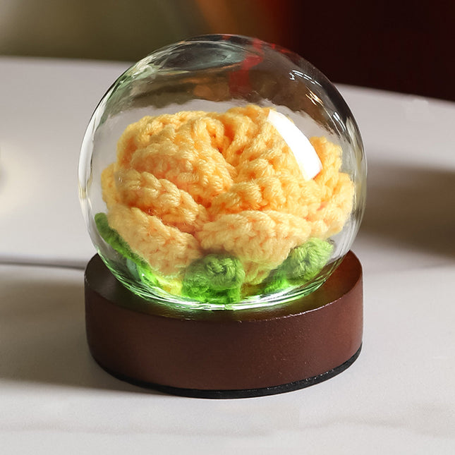 Yellow Rose Handcrafted Crochet Flower LED Night Light - USB Rechargeable Glass Dome Lamp with Wood Base, 3 Color Modes.