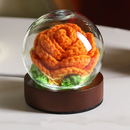 Orange Rose Handcrafted Crochet Flower LED Night Light - USB Rechargeable Glass Dome Lamp with Wood Base, 3 Color Modes.