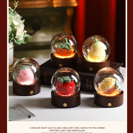 Orange Rose Handcrafted Crochet Flower LED Night Light - USB Rechargeable Glass Dome Lamp with Wood Base, 3 Color Modes.