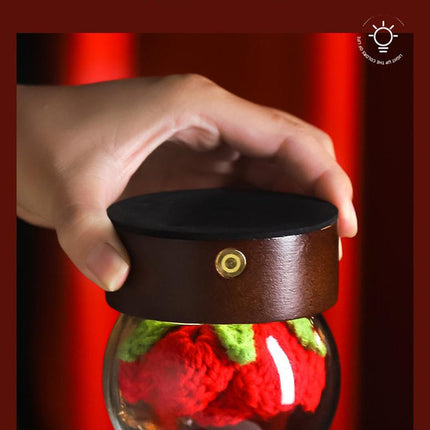 Orange Rose Handcrafted Crochet Flower LED Night Light - USB Rechargeable Glass Dome Lamp with Wood Base, 3 Color Modes.