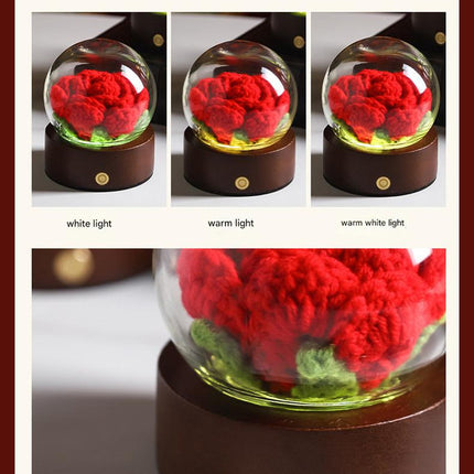 Orange Rose Handcrafted Crochet Flower LED Night Light - USB Rechargeable Glass Dome Lamp with Wood Base, 3 Color Modes.