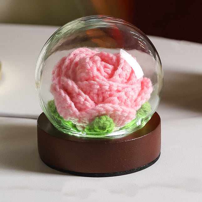 Pink Rose Handcrafted Crochet Flower LED Night Light - USB Rechargeable Glass Dome Lamp with Wood Base, 3 Color Modes.