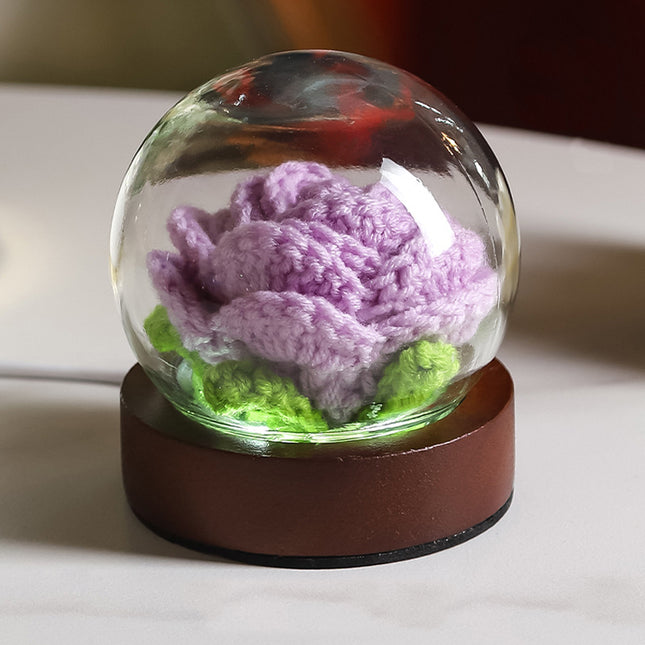 Purple Rose Handcrafted Crochet Flower LED Night Light - USB Rechargeable Glass Dome Lamp with Wood Base, 3 Color Modes.