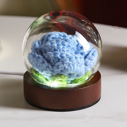 Blue Rose Handcrafted Crochet Flower LED Night Light - USB Rechargeable Glass Dome Lamp with Wood Base, 3 Color Modes.