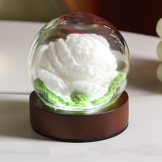 White Rose Handcrafted Crochet Flower LED Night Light - USB Rechargeable Glass Dome Lamp with Wood Base, 3 Color Modes.