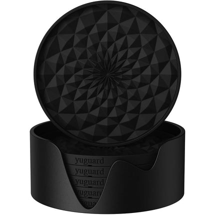 Black Geometric Silicone Drink Coasters Set (6 Pack) with Holder - Non-Slip Table Protectors.
