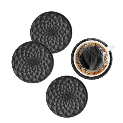 Black Geometric Silicone Drink Coasters Set (6 Pack) with Holder - Non-Slip Table Protectors.