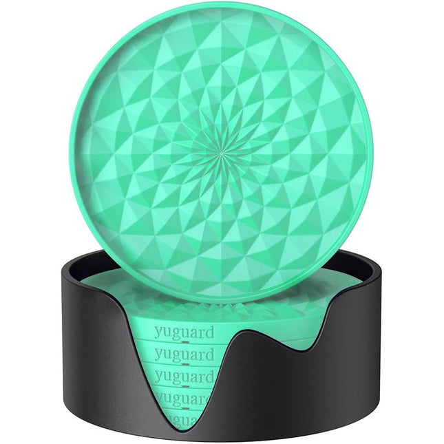 Green and Black Geometric Silicone Drink Coasters Set (6 Pack) with Holder - Non-Slip Table Protectors.
