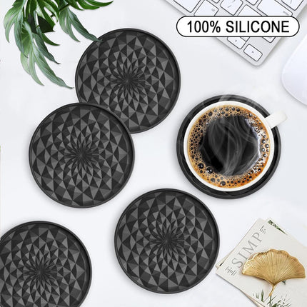 Green and Black Geometric Silicone Drink Coasters Set (6 Pack) with Holder - Non-Slip Table Protectors.