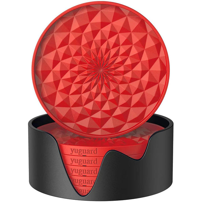 Red and Black Geometric Silicone Drink Coasters Set (6 Pack) with Holder - Non-Slip Table Protectors.