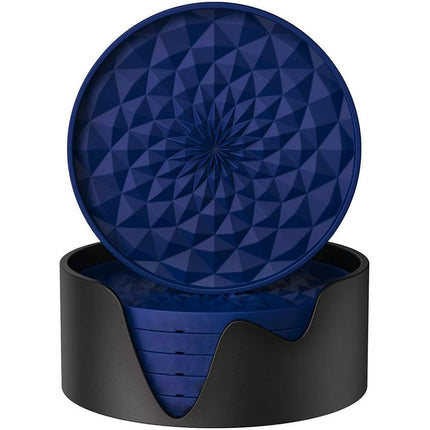 Dark Blue and Black Geometric Silicone Drink Coasters Set (6 Pack) with Holder - Non-Slip Table Protectors.
