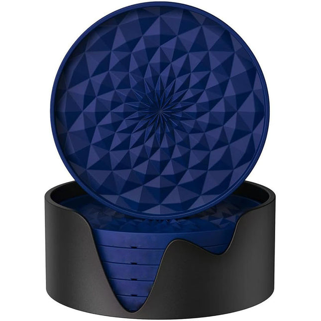 Dark Blue and Black Geometric Silicone Drink Coasters Set (6 Pack) with Holder - Non-Slip Table Protectors.