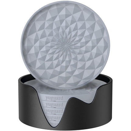 Grey and Black Geometric Silicone Drink Coasters Set (6 Pack) with Holder - Non-Slip Table Protectors.