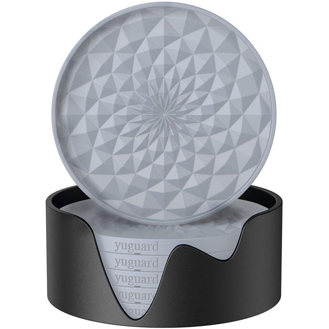 Grey and Black Geometric Silicone Drink Coasters Set (6 Pack) with Holder - Non-Slip Table Protectors.