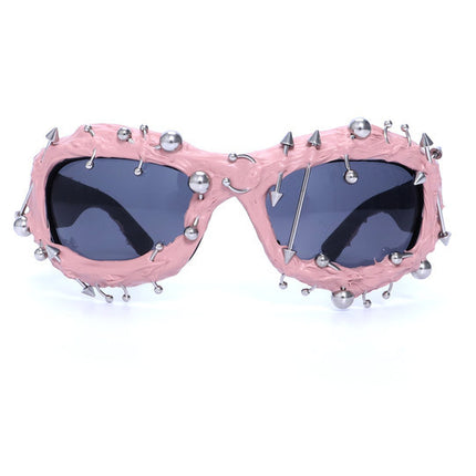 Pink Edgy Punk Rock Spiked Sunglasses - Statement Goth Studded Eyewear.