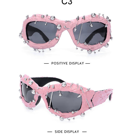 Pink Edgy Punk Rock Spiked Sunglasses - Statement Goth Studded Eyewear.