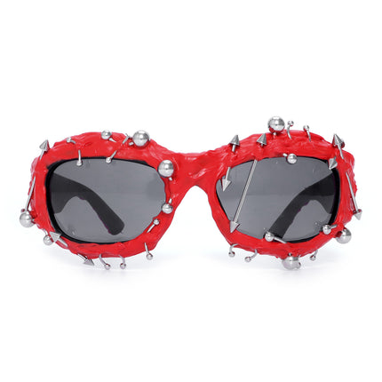 Red Edgy Punk Rock Spiked Sunglasses - Statement Goth Studded Eyewear.
