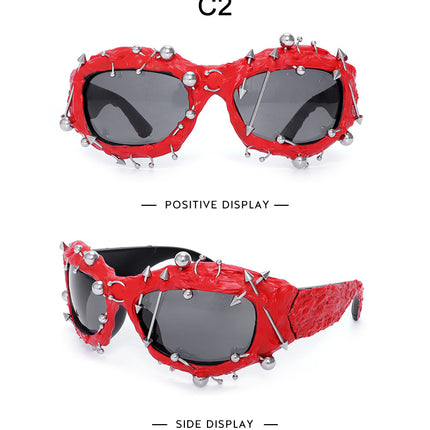 Red Edgy Punk Rock Spiked Sunglasses - Statement Goth Studded Eyewear.