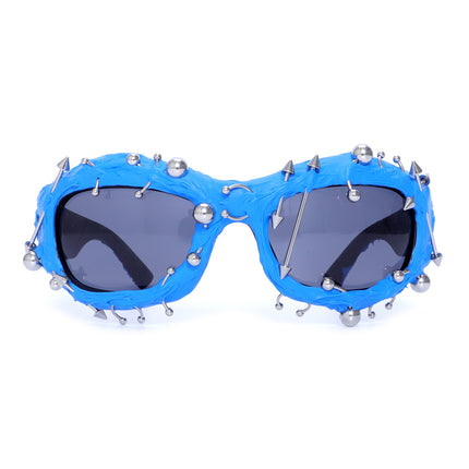 Blue Edgy Punk Rock Spiked Sunglasses - Statement Goth Studded Eyewear.