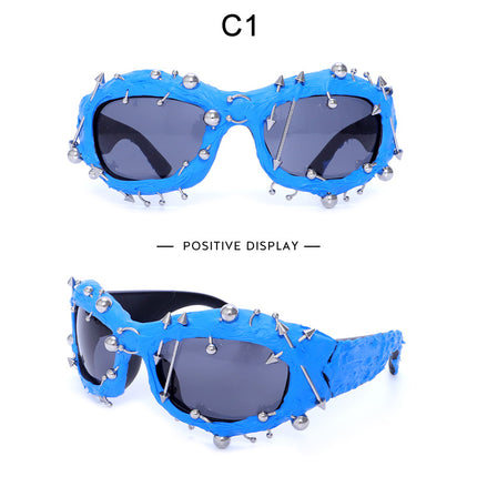 Blue Edgy Punk Rock Spiked Sunglasses - Statement Goth Studded Eyewear.