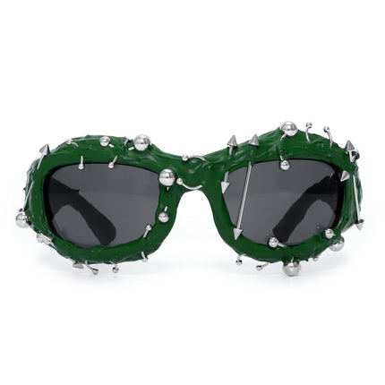 Green Edgy Punk Rock Spiked Sunglasses - Statement Goth Studded Eyewear.