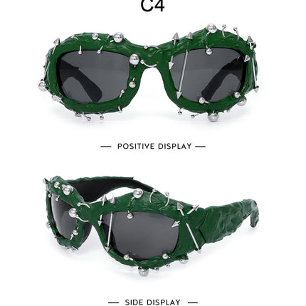 Green Edgy Punk Rock Spiked Sunglasses - Statement Goth Studded Eyewear.