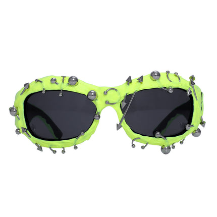 Bright Green Edgy Punk Rock Spiked Sunglasses - Statement Goth Studded Eyewear.