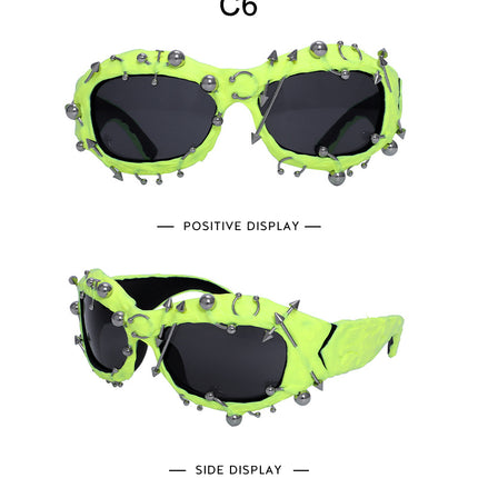 Bright Green Edgy Punk Rock Spiked Sunglasses - Statement Goth Studded Eyewear.