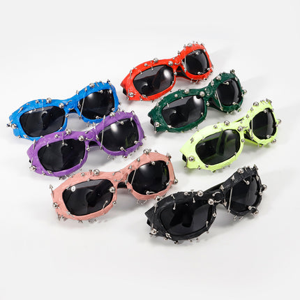 Bright Green Edgy Punk Rock Spiked Sunglasses - Statement Goth Studded Eyewear.