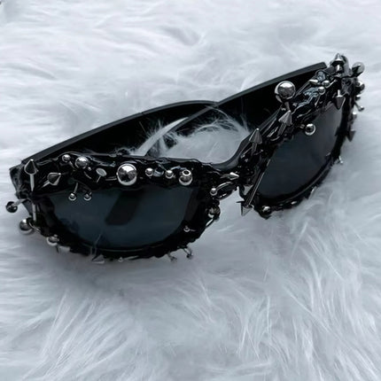 Bright Green Edgy Punk Rock Spiked Sunglasses - Statement Goth Studded Eyewear.