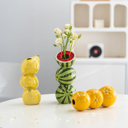 Yellow Zesty Stacked Lemon Ceramic Vase - Cheerful Nordic Tabletop Decor.