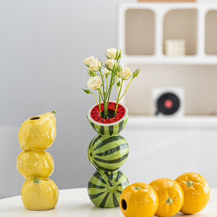 Yellow Zesty Stacked Lemon Ceramic Vase - Cheerful Nordic Tabletop Decor.