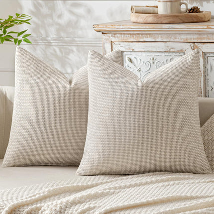 Beige Plush Chenille Cushion Covers Set of 2 - Soft Textured Decorative Throw Pillow Cases for Sofa Couch, 45x45cm.