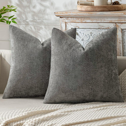 Grey Plush Chenille Cushion Covers Set of 2 - Soft Textured Decorative Throw Pillow Cases for Sofa Couch, 45x45cm.