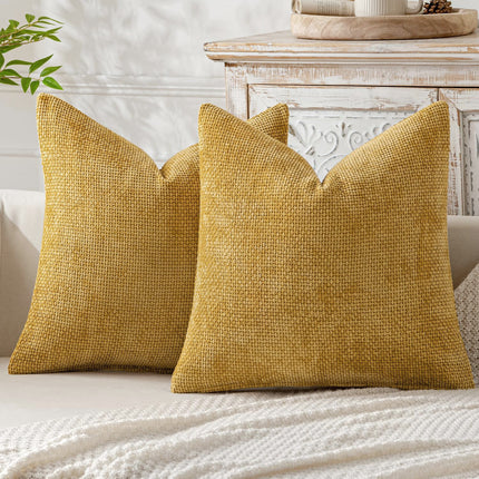 Yellow Plush Chenille Cushion Covers Set of 2 - Soft Textured Decorative Throw Pillow Cases for Sofa Couch, 45x45cm.