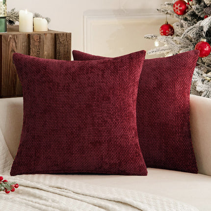 Dark Red Plush Chenille Cushion Covers Set of 2 - Soft Textured Decorative Throw Pillow Cases for Sofa Couch, 45x45cm.