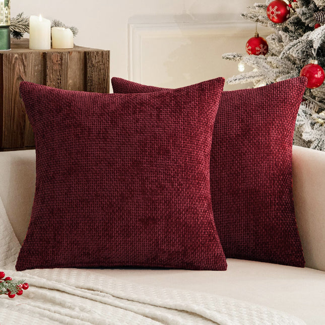 Dark Red Plush Chenille Cushion Covers Set of 2 - Soft Textured Decorative Throw Pillow Cases for Sofa Couch, 45x45cm.