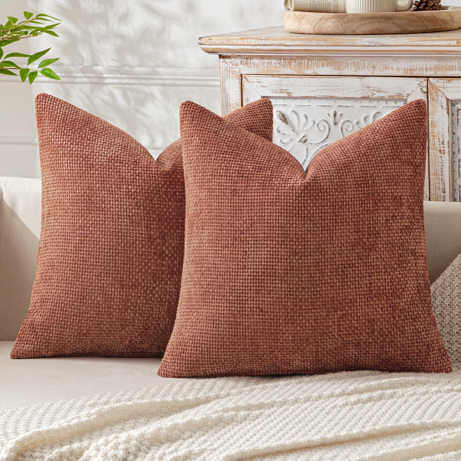Pink Plush Chenille Cushion Covers Set of 2 - Soft Textured Decorative Throw Pillow Cases for Sofa Couch, 45x45cm.