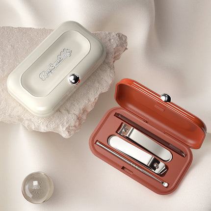 2 Sets Beige Portable 4-Piece Manicure Set - Compact Nail Grooming Kit with Stainless Steel Clippers, File & Stylish Case.