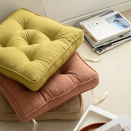 Tea Green Soft And Thick Seat Cushion - Cotton Linen Blend Chair Pad with Ties - 43x43cm.