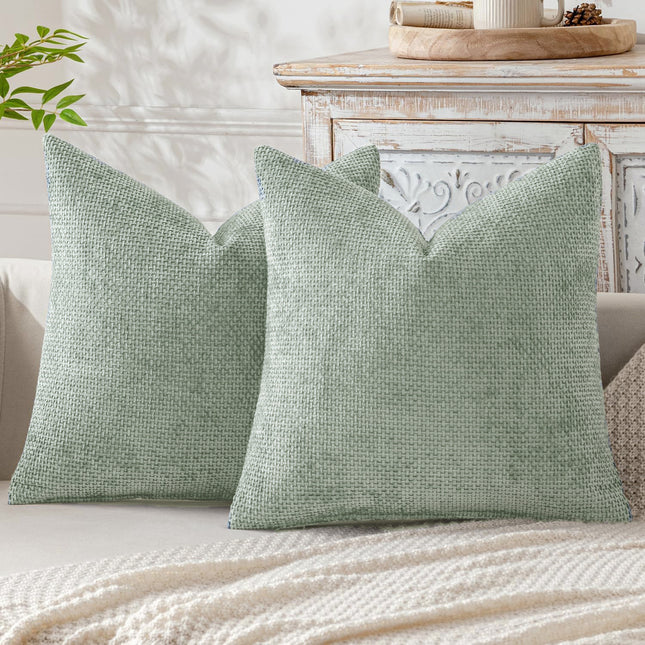 Light Green Plush Chenille Cushion Covers Set of 2 - Soft Textured Decorative Throw Pillow Cases for Sofa Couch, 45x45cm.